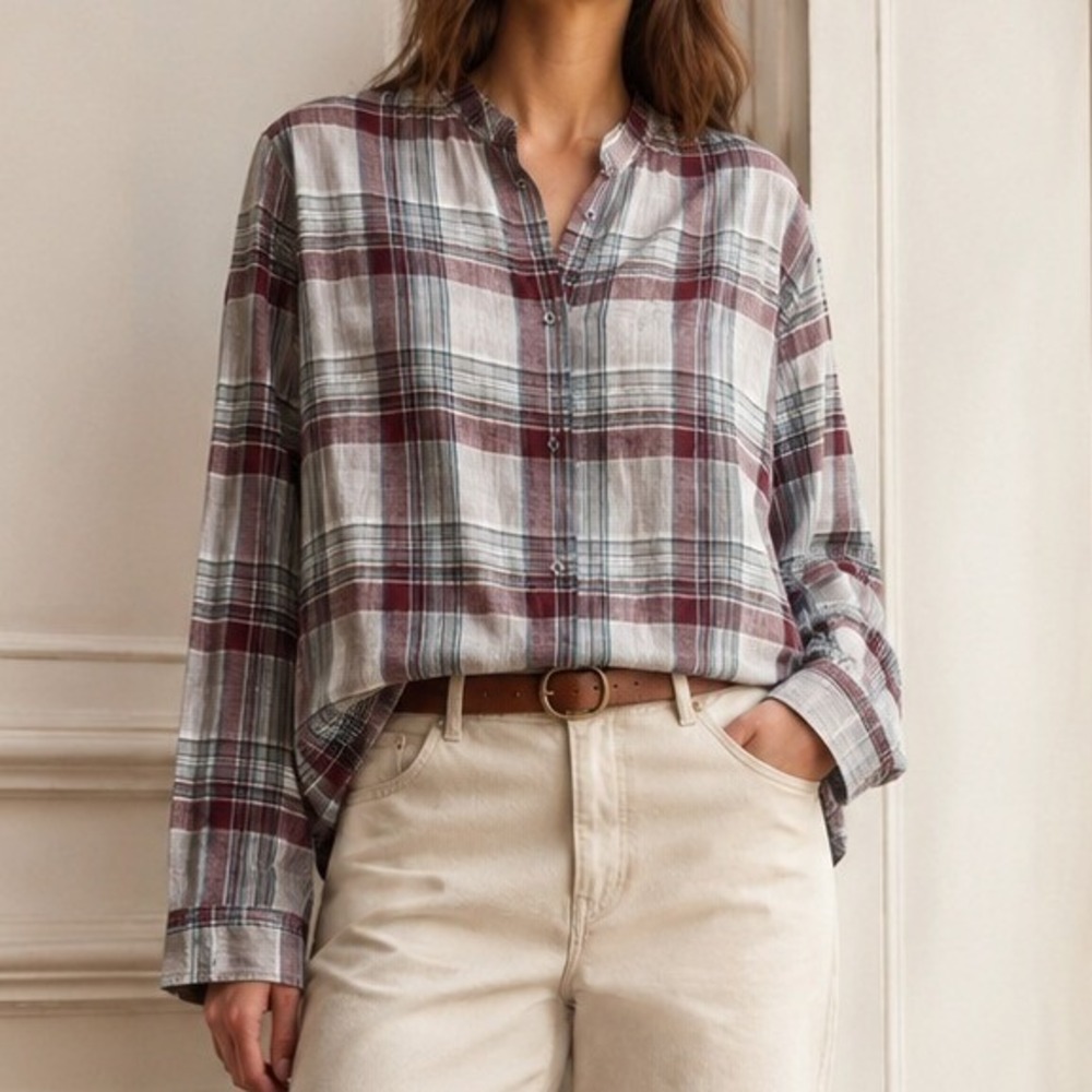Filson Shelton Banded Collar Shirt Gray Plum Plaid Button Up Cotton Size Large